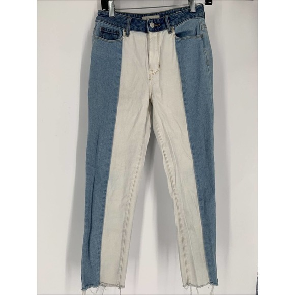 Pacsun Mom Jeans Two Tone Raw‎ Hem High Rise White Blue Sz 25 Straight Leg - Picture 1 of 8